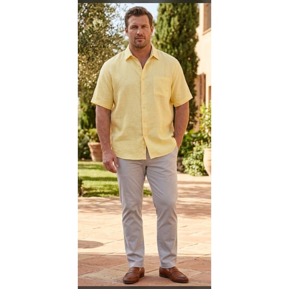 Pronto Uomo 100% Linen Men's Short Sleeve Shirt Yellow size XL Excellent